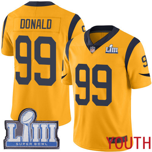 Los Angeles Rams Limited Gold Youth Aaron Donald Jersey NFL Football #99 Super Bowl LIII Bound Rush Vapor Untouchable->youth nfl jersey->Youth Jersey
